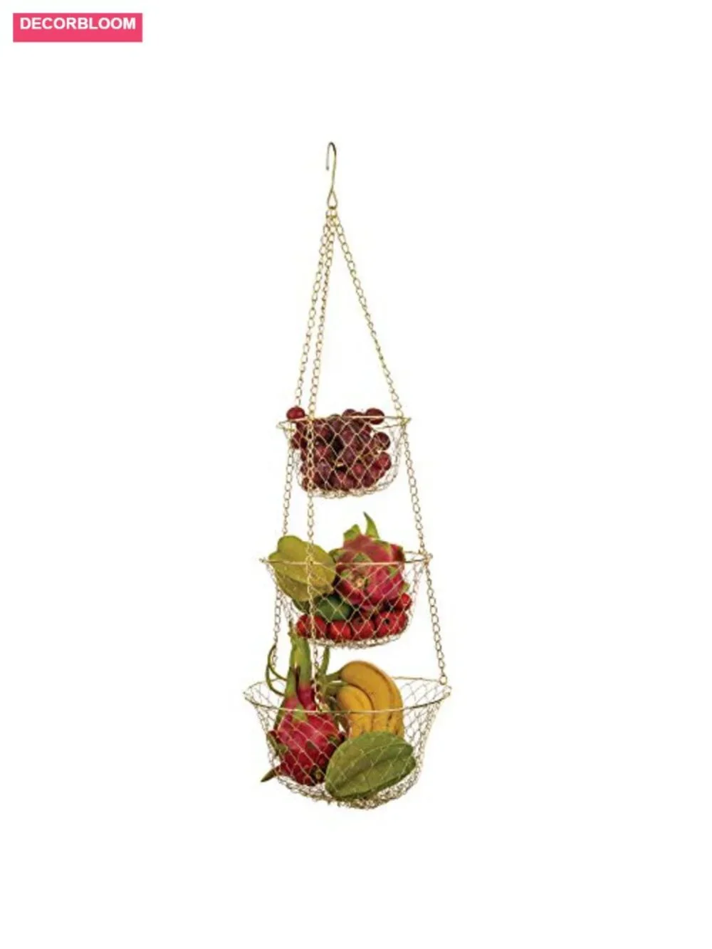 3-Tier Kitchen Hanging Fruit Basket, Gold Finish, Iron Wire, 32-Inch